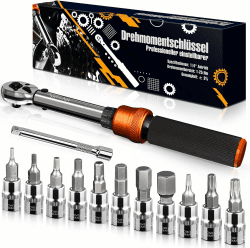 13TLG Klein Drehmomentschlüssel Fahrrad 1-25NM, 1/4 Zoll Torque Wrench Set, 72 Zähne Umschaltknarre, Ratschenkasten inklusive mit Verlängerungsstange 10 cm, Innensechskant und Torx Bit Buchse 1-25 Nm 1/4"