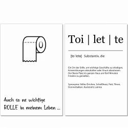 artpin® WC Deko - Badezimmer Deko Bilder - A4 schwarz weiß Wandbilder 2er Set-Toilette Definition lustige Bilder wichtige Rolle B16