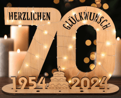 Giftota - 2024 Originelle 70 Geburtstag Geschenk Frauen & Männer - Geldgeschenke Geburtstag 70 mit LED Lichterkette Ständer - Holz-Schild Gästebuch - 70 Geburtstag Deko - Personalisierbares Geschenk