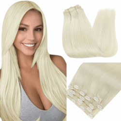 RUNATURE Clip in Extensions Echthaar Blond 40cm 7 Stück Haarverlängerung Echthaar Clip Platinblond Gerade Echthaar Extensions Clip Remy Menschliches Haar 120g Farbe #60 40cm-7pcs #60