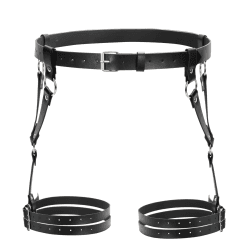 LEACOOLKEY Punk PU Leder Kettengürtel für Damen Gothic Rock Taillengürtel mit Bein Strumpfbänder 04-Passform Taillenumfang:70cm-90cm N-h-schwarz(mit Strumpfband)