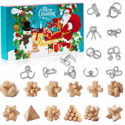 Knobelspiele Adventskalender 2024 Kinder & Erwachsene-24 Tage von Weihnachtskalender Geschenke mit Metall Knobelei und Holzk, Geschicklichkeitsspiele, IQ Puzzle für Jungen, Mädchen, Jugendliche grün