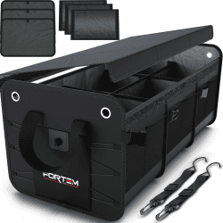 FORTEM Kofferraum Organizer, Kofferraumtasche, Zusammenklappbarer Auto Organizer Kofferraum mit Fächern, Rutschfester Boden, Verstellbare Sicherungsriemen, Klappbarer Deckel (Schwarz, Extragroß) Extragroß Schwarz