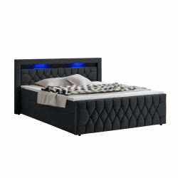 Juskys Boxspringbett Leona 180x200 cm - Bett mit LED Beleuchtung, Topper & H4 Federkern Matratzen - Einzelbett Schwarz mit Samt und Steppung 180 x 200 cm Schwarz