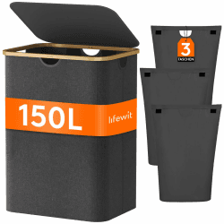 Lifewit 150L Wäschekorb mit Deckel, Wäschesammler 3 Fächer, Wäschebox Groß,Wäschesortierer, Wäschetonne,Wäsche Sortieren, Wäschebehälter,Laundry Baskets für Wäschekammer, Bad, Schlafzimmer,Dunkelgrau Dunkelgrau 150L