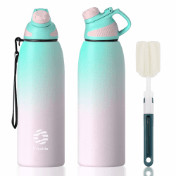 Fjbottle Edelstahl Trinkflasche Sport mit Magnetischem Deckel 1L, 800ml, 600ml, 400ml BPA-Frei Auslaufsichere Kinder Flasche - Kohlensäure geeignet 1500ML Wasserflasche Thermo für Schule, Fitness Grün&rosa 1500 ml