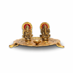 Wonder Care Aluminium Goldfarben plattiert Laxmi Ganesha Idol mit Platte Platte für Puja Diwali Geschenkartikel Deepawali Dekorationen Indische Dhanteras Pooja Statue Thali Golden