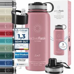 Trinkflasche Edelstahl ACTIVE FLASK + Strohhalm (3 Deckel) BPA-frei, Auslaufsicher, Kohlensäure geeignet - Wasserflasche Fahrrad Thermosflasche Isoliert Isolierflasche Sport Wasser Flasche Kinder Tee 950ml Dusky Pink