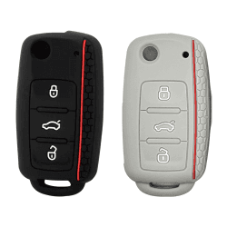 Auto SchlüSsel Cover AutoschlüSseletui Mit 3 Tasten AutoschlüSseletui Aus Silikon Passend füR Volkswagen Sagitar Skoda Bora Golf Polo Und Andere AutoschlüSselschüTzer Aus Silikon (Rot Schwarz + Grau)