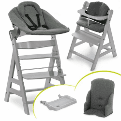 Hauck Alpha Plus Grey XXL Newborn Set - Hochstuhl + 2in1 Aufsatz Bouncer & Wippe + Alpha Tray Essbrett + Sitzverkleinerer + Hochstuhlauflage - Jersey Charcoal