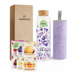 waterdrop® Starter Set Glass – Trinkflasche – 18 zuckerfrei Getränkewürfel zum Auflösen – 6 fruchtige Sorten – 600ml Glasflasche auslaufsicher – Kohlensäure geeignet, Getränkepulver zuckerfrei 600ml Boost Melange