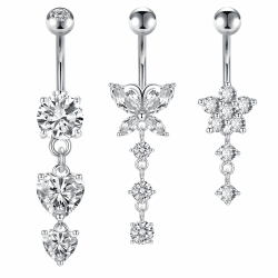 Crdifu Bauchnabelpiercing 10mm Silber Bauchpiercing Chirurgenstahl Herz Schmetterling Blume Anhänger Piercing Bauchnabel Schmuck Damen 3stk. Dangle-silber A