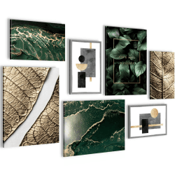 Novart Wandbilder Abstrakt Figuren Blätter - KOMPLETT AUFHÄNGFERTIG - Gold Grün Wohnzimmer Schlafzimmer - 7 Moderne Mood-Bilder - N006971a Gold Leavs 110 x 73 cm