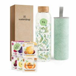 waterdrop® Starter Set Glass – Trinkflasche – 18 zuckerfrei Getränkewürfel zum Auflösen – 6 fruchtige Sorten – 1 L Glasflasche auslaufsicher – Kohlensäure geeignet, Getränkepulver zuckerfrei 1L Clean Melange
