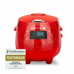 REISHUNGER Digitaler Reiskocher klein, rot | 0,6 L bis 3 Personen | Warmhaltefunktion, Timer & Premium Topf | Kleiner Multikocher & Dampfgarer, 8 Programme, 7-Phasen-Technologie