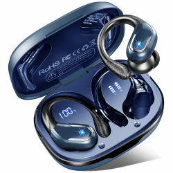 Bluetooth Kopfhörer 5.4 Sport, 75Std Kopfhörer Kabellos Bluetooth, HiFi Stereo Tiefer Bass Wireless Earbud, 4 ENC Noise Cancelling Mic, IP7 Wasserdicht in Ear Ohrhörer mit Ohrhaken, USB-C LED-Anzeige Reines Dunkelblau