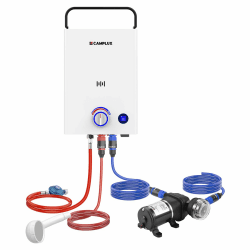 CAMPLUX Gasdurchlauferhitzer 10 Liter mit Wasserpumpe & Griff F10 Pro-DE, LPG, 50mbar, für Camping/Außendusche, Serie First 50mbar, 10L mit Wasserpumpe