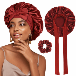 FOLAI 1 Stück Satin Bonnet Nacht Schlafmütze, Seide Locken Atmungsaktive Seide Schlafmütze, Verstellbare Schlafkappe, für Frauen und Mädchen… Rot