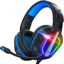 Fachixy「2024 New」FC200 Gaming Headset für PS4/PS5/PC/Xbox/Nintendo Switch, PS4 Kopfhörer mit Kabel und RGB Licht, Stereo Surround Kopfhörer mit Mikrofon, Noise Cancelling Gamer Headphones - BLAU Kabelgebunden BLAU