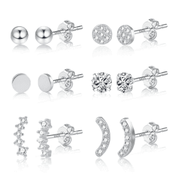ASH'S CHOICE Ohrringe Silber 925 Damen, 6 Paar Silber 925 Ohrstecker Kleine Ohrringe Set, Multipack Glitz Ohrstecker mit Strass Zirkon Blatt Stern Mond Blatt Kugel Ohrstecker Kleine Knorpel Ohrringe Silber C