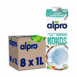 Alpro Kokosnussdrink mit Reis – Vegan, milchfrei, glutenfrei – Ohne Zuckerzusatz – Von Natur aus laktosefrei – Reich an Ballaststoffen, Calcium und Vitaminen– 8 x 1L – Haltbar Coconut 1 l (8er Pack)
