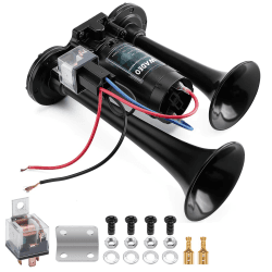 WADEO 12V LKW Hupe 118db, Super Laut Autohupe mit Kompressor, Lufthorn Drucklufthorn Kit für alle 12 V Fahrzeug, PKW, Zug, Boot, Auto, Van (Schwarz) Doppelhorn mit Aluminiumbasis - Schwarz