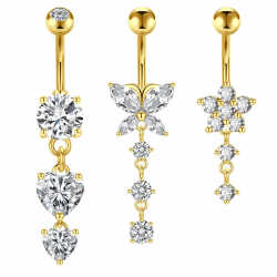 Crdifu Bauchnabelpiercing 10mm Silber Bauchpiercing Chirurgenstahl Herz Schmetterling Blume Anhänger Piercing Bauchnabel Schmuck Damen 3stk Baumeln-gold A