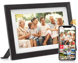 FUMAT Digitaler Bilderrahmen WLAN, 10.1 Zoll Elektronischer Bilderrahmen Digital 32 GB Speicher, Einfache Teilen von Fotos und Videos über Frameo App, Automatische Drehung,IPS HD Touchscreen Braun