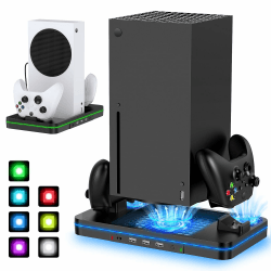 Ständer für Xbox Series X/S mit Ladestation, Ladestation für Controller mit RGB LED Licht, 3 USB Ports, Kühler Fan Zubehör Kit für Xbox Series X/S Konsole (Akku Nicht im Lieferumfang enthalten)
