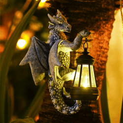 Yeomoo Drachen Figuren mit Solarlampen Baumstamm Gartendeko für Draußen: Lustige Drachen Gartenfiguren Deko mit LED Solar Lichterkette Aussen Geschenke für Männer/Frauen Garten Zaun Baum Zubehör Grau 1.drachen Figur Deko Grau