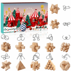 Adventskalender 2024-Puzzle, 24 Tage Weihnachts-Countdown-Kalender-Puzzle mit Metall-Gehirn-Rätsel für Kinder und Erwachsene Herausforderung (Holz)