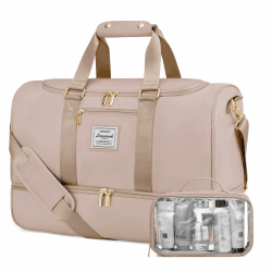 LOVEVOOK Sporttasche Reisetasche Damen, Travel Bag Gym Bag mit Kulturtasche, Schuhfach & Nassfach, Wasserdicht Strandtasche Schwimmtasche Saunatasche, Handgepäck Tasche für Sport Urlaub, Sandfarben M Sandfarben