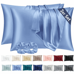Vielit 2 Stück Satin Kissenbezug 40x60 Blau, Weich wie Seidenkissenbezug, Bessere Pflege als Silk Pillosecase, Satin Kopfkissenbezug Kissenhülle für Haar und Haut kommt mit 2 Haargummis Pfaublau 40x60cm