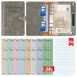 Geld Sparen Challenge Buch mit 8 Sparchallenges (24er Set) - Budget Planner Deutsch Challenges - Spar Challenge für Budgetplaner - Finanzplaner Haushaltsbuch - Cash Stuffing - Budget Binder A6 Leder Grau