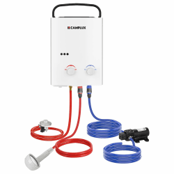 CAMPLUX AY132P43 5 Liter Gasdurchlauferhitzer mit 4,3L Wasserpumpe, Tankless LPG Durchlauferhitzer mit Tragbarer Griff, für Campingdusche/Pferdedusche, Butan-/ Propangas, 10kW, 28-37mbar Weiß