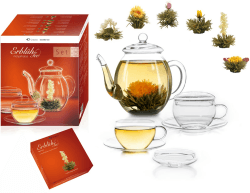 Creano Teeblumen Mix – Geschenkset Erblühtee Genießerset mit Glaskanne und Teetassen Weißtee (6 verschiedene Sorten)