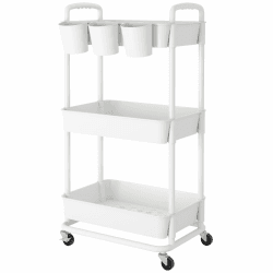 JIUYOTREE Rollwagen mit 3 Ebenen, Kunststoff, mit extra hängenden Bechern, Griffen, abschließbare Räder, für Wohnzimmer, Badezimmer, Küche, Büro, Weiß Weiß 3-Lagen