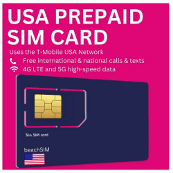 beachsim USA SIM-Karte Prepaid. 50GB Mobile Daten mit LTE 4G Geschwindigkeit im T-Mobile Netz. Unbegrenzte Nationale und Internationale Anrufe und SMS. Plan hat 50 GB gültig für 20 Tage 50GB - 20 Tage