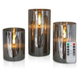 CCLIFE LED Kerzen Set mit Fernbedienung Timer Funktion 300 Stunden flackernde Paraffin Echtwachs,mit Glas Rauchgrauem Glas 3er