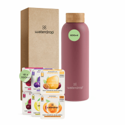 waterdrop® Starter Set Steel – Trinkflasche + 18 zuckerfrei Getränkewürfel zum Auflösen – 6 fruchtige Sorten – 600ml Edelstahlflasche auslaufsicher – Kohlensäure geeignet Rosa