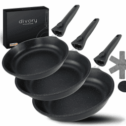 DIVORY Pfannenset 3-teilig Pfanne 20cm, 24cm, 28cm mit abnehmbaren Griff, Induktion, Antihaft-Beschichtete Bratpfanne hoch + Pfannenschoner - Induktionspfanne Schwarz 3er Set (20/24/28cm)