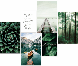 artpin® Moderne Poster Set Natur- Bilder Wohnzimmer Deko Schlafzimmer - Wanddeko Ohne Bilderrahmen Collagen - Wald Holz Grün 4x A3 | 2x A4 - W8 W8 4x A3 | 2x A4