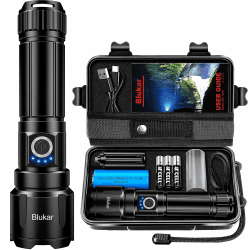 Blukar Taschenlampe LED Aufladbar, 500000 Lumen Extrem Hell Zoombare Taktische Taschenlampen Starke mit 5 Lichtmodi, IP67 Wasserdichte Flashlight Torch für Camping, Wandern, Outdoor, Angeln, Notfäll Schwarz