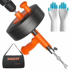 KINGLEV Rohrreinigungsspirale [10M] mit Bohraufsatz, Flexibel lange Rohrspirale inkl mit Metalltrommel. Effektive Abflussspirale Rohrreinigung Schwarz+orange