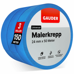 GAUDER Malerkrepp (24 mm x 50 m) | 3x Kreppband für Malerarbeiten und Renovierungen | Abklebeband zum Streichen, Lackieren, Renovieren 24mm - 3 Rollen