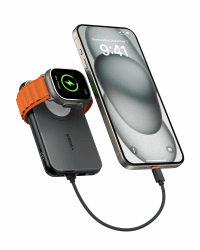 VEGER Mini Power Bank 20W PD,10000mAh Powerbank mit Eingebautem Apple auf USB C Kabel, mit Apple Watch Laden, 2X USB-C, Externer Handyakku mit LED kompatibel mit iPhone, Apple Watch(9-1), Handys usw Schwarz