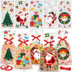 Elidepe Plätzchentüten, 100 Stück Kekstüten Weihnachten, Weihnachtstüten zum Befüllen, Cellophantüten Tüten zum Befüllen, Geschenktüten Weihnachten mit Schleife für Kekse, Schokolade, Süßigkeiten (Großes Muster)