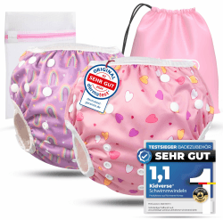 KIDVERSE 2er Set Schwimmwindel Baby 0-3 Jahre - Hautfreundliche Schwimmwindeln wiederverwendbar & saugstark - Baby Schwimmwindel mit Tasche & Wäschenetz - Größenverstellbare Schwimmwindeln Baby Rosa Hearts Rainbow 2er