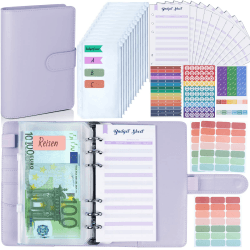Budget Planner Deutsch Budget Binder A6 - Bugetplaner Haushaltsbuch mit Geldfächer, Finanzplaner Geld Organizer Sparbuch mit Folien für Sparen Sparchallenge Umschlagmethode Geldplaner Cash Stuffing Macaron Violett
