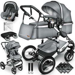 KIDUKU® 3 in 1 Kinderwagen XXL Komplettset | Kombikinderwagen Set inkl. Babywanne Buggy Sportsitz & Auto-Babyschale Fußsack | Vollgummireifen Wickeltasche Handwärmer Regenschutz Kindertisch ECE R129 Grau / Silber